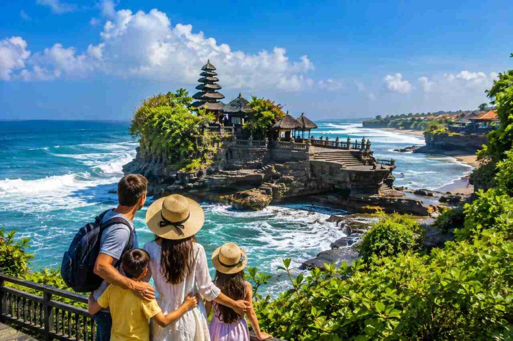 Family overlooking a Balinese seaside temple surrounded by turquoise water and tropical greenery.