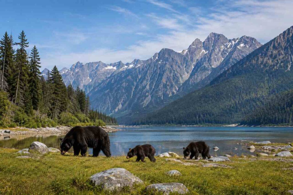 Black bear and two cubs beside a peaceful lake surrounded by evergreen forests and rugged mountains in British Columbia, Canada.