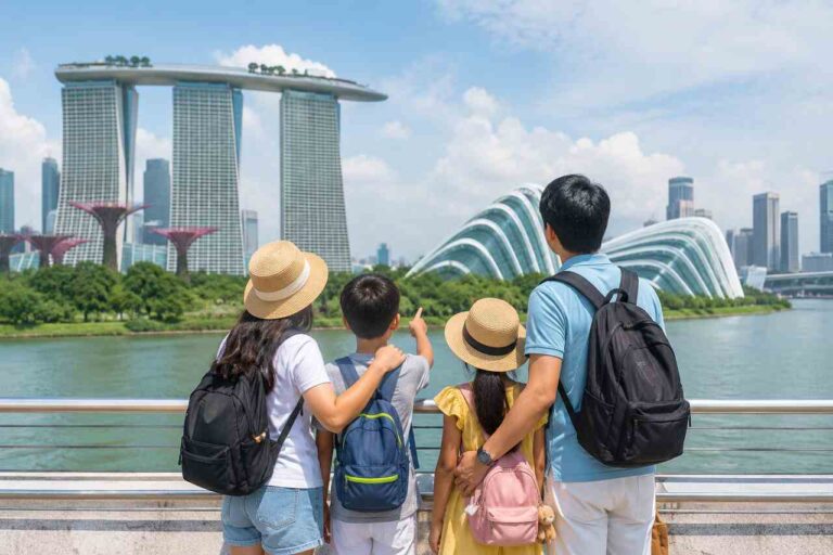 Family enjoying kids activities and sightseeing in Singapore with Marina Bay skyline