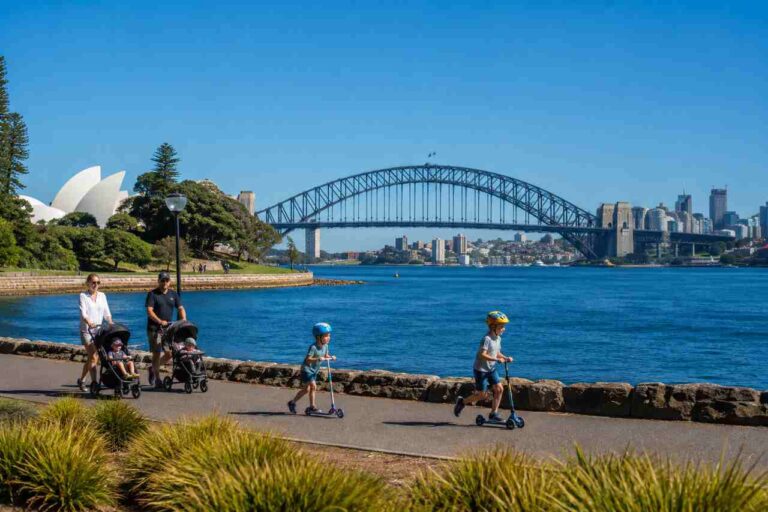 35 Best Family Activities in Sydney: Things to Do With Kids Family enjoying outdoor activities along Sydney Harbour with the Opera House and Harbour Bridge in the background