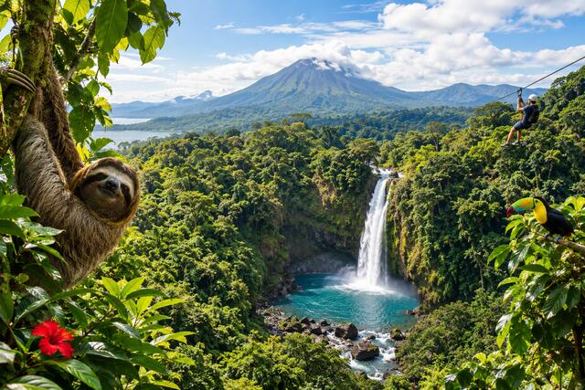 Costa Rica rainforest with a sloth, toucan, waterfall, volcano, and zipline adventure
