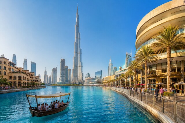 Dubai skyline with Burj Khalifa, palm-lined waterfront, and tourist boat