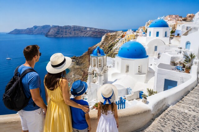 Family exploring a Greek island village overlooking the blue Aegean Sea