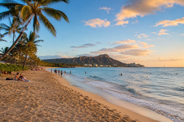 Family-friendly Hawaiian beach with palm trees, calm ocean, and Diamond Head at sunset