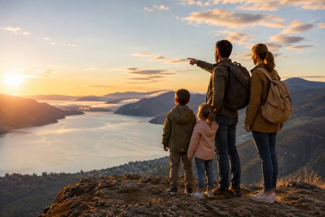 Family choosing a scenic travel destination overlooking a mountain lake at sunset