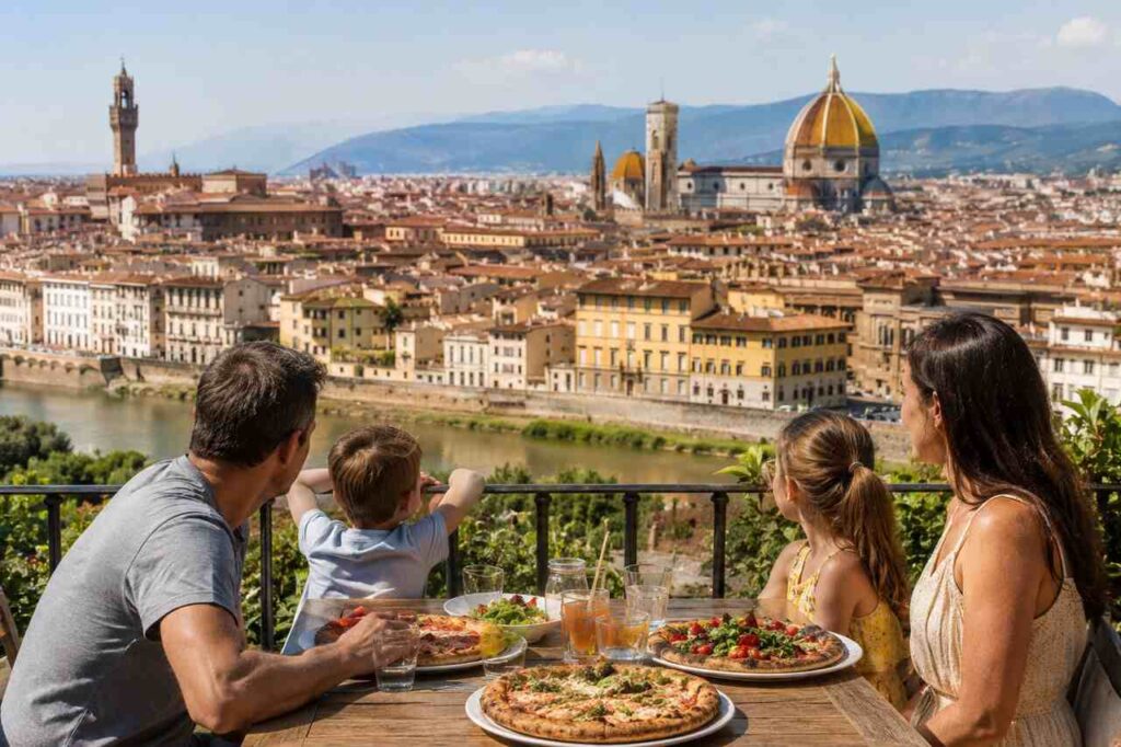 Family enjoying Italian pizza while overlooking Florence’s historic rooftops, cathedral, and surrounding mountains.