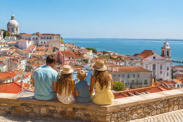 Family overlooking a sunny Portuguese coastal town with terracotta rooftops, historic buildings, and the blue Atlantic Ocean.