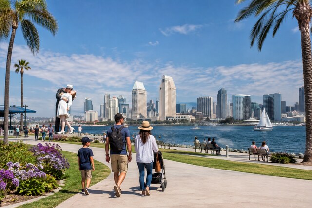 Family enjoying a sunny waterfront walk in San Diego with the city skyline and harbor views