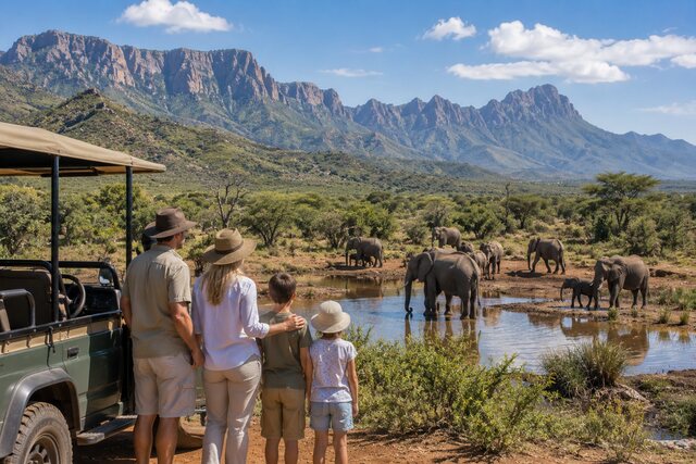 Family watching elephants at a South African safari watering hole with mountains in the background