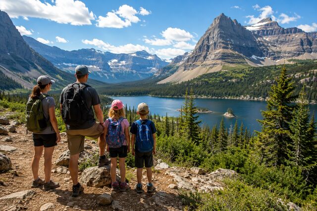 Family hiking through a U.S. national park with a mountain lake and snow-capped peaks