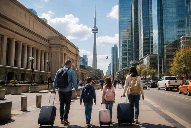 Family arriving in downtown Toronto with rolling suitcases near Union Station, with the CN Tower visible in the background.