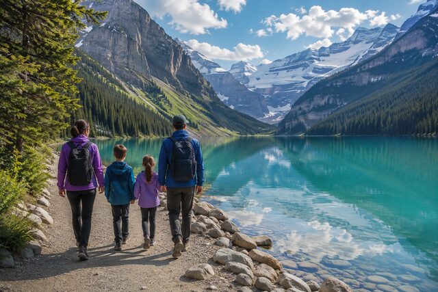 Family walking along the Lake Louise shoreline in Banff National Park with turquoise water and snow-capped mountains.