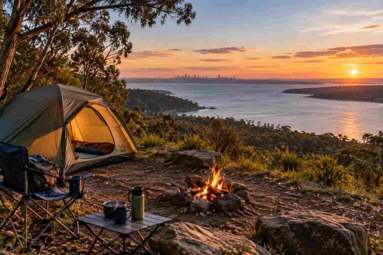 Scenic campsite near Melbourne overlooking the bay at sunset