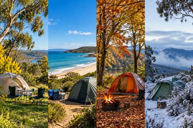 Camping in Melbourne across spring, summer, autumn, and winter landscapes