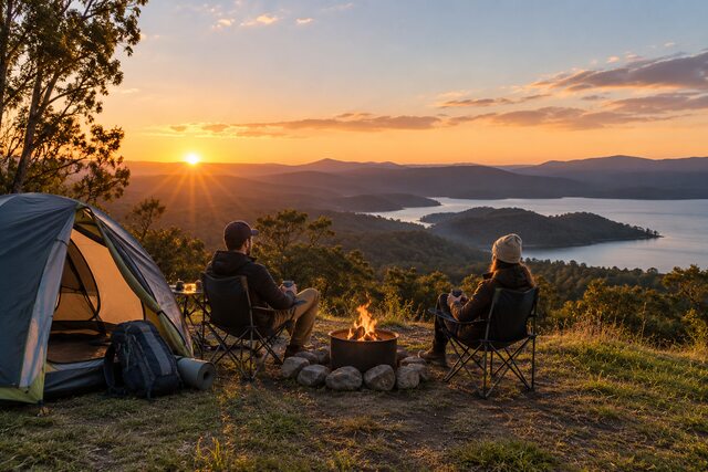 Campers relaxing beside a tent and campfire overlooking a scenic lake and mountains at sunset.