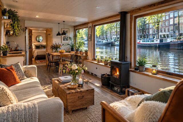 Cozy interior of an Amsterdam house boat with large canal-view windows