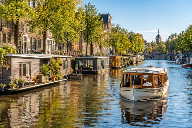Amsterdam houseboats along a scenic canal with a tourist boat cruising past historic buildings and an arched bridge.