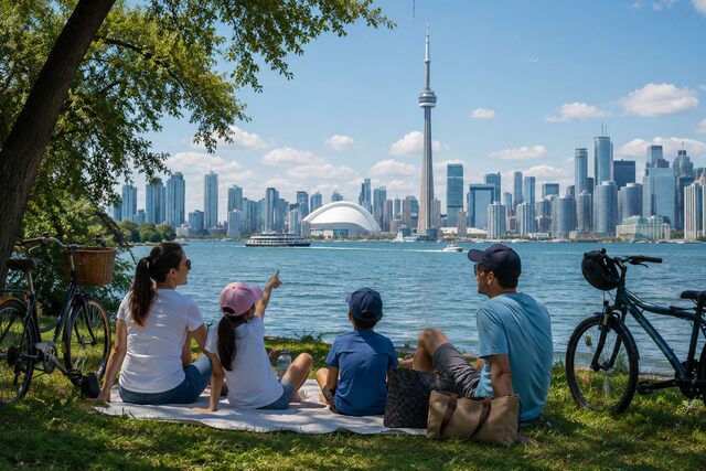 Family relaxing on Toronto Islands beside Lake Ontario with bicycles, overlooking the Toronto skyline and CN Tower.