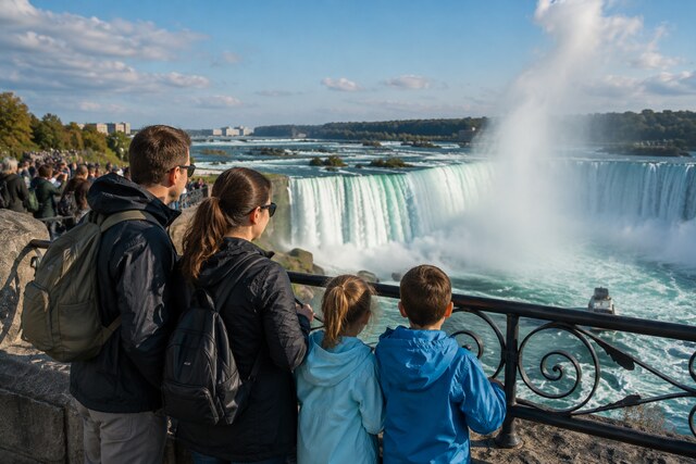 Family viewing Horseshoe Falls from the Canadian side of Niagara Falls with mist rising over turquoise water.