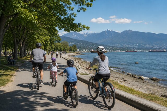 Family cycling along Vancouver’s Stanley Park seawall with the harbour and North Shore mountains in the background.
