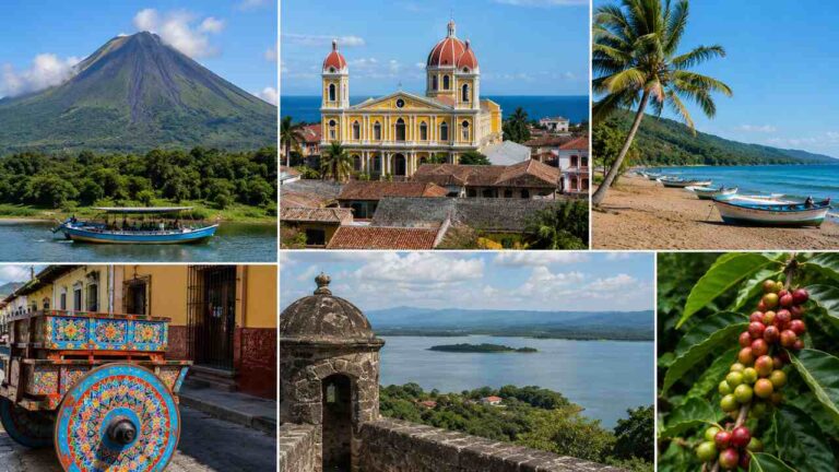 What Is Nicaragua Known For? 13 Things That Make the Country Famous Nicaragua travel collage featuring a volcano, colonial architecture, tropical beach, colorful oxcart, lake views, and coffee plants.